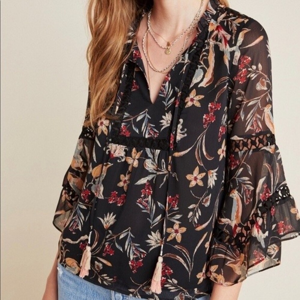 Anthropologie Maeve Odetta Black Floral Peasant Tassel Boho Blouse Top S